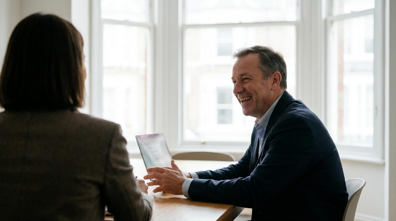 Réunion professionnelle entre dirigeant et consultant en communication