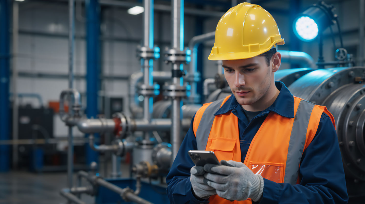Technicien sur site client complétant un formulaire d'intervention numérique sur tablette, avec équipement technique visible en arrière-plan flou