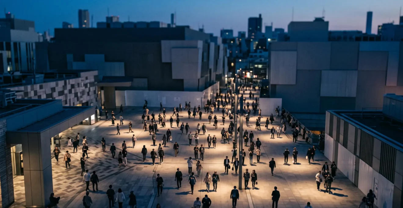 Vue aérienne symbolique d'une foule dans une place publique où chaque personne est individuellement éclairée par un faisceau de lumière chaude, illustrant la personnalisation à grande échelle
