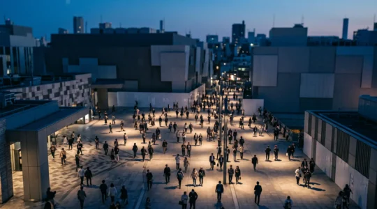 Vue aérienne symbolique d'une foule dans une place publique où chaque personne est individuellement éclairée par un faisceau de lumière chaude, illustrant la personnalisation à grande échelle