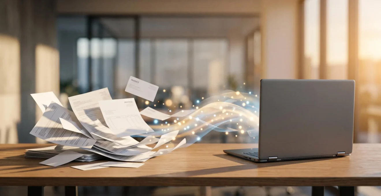 Bureau de dirigeant montrant la transformation d'une pile de documents chaotique en un flux de lumière numérique ordonné, symbolisant l'automatisation comptable