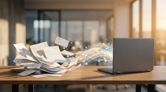 Bureau de dirigeant montrant la transformation d'une pile de documents chaotique en un flux de lumière numérique ordonné, symbolisant l'automatisation comptable