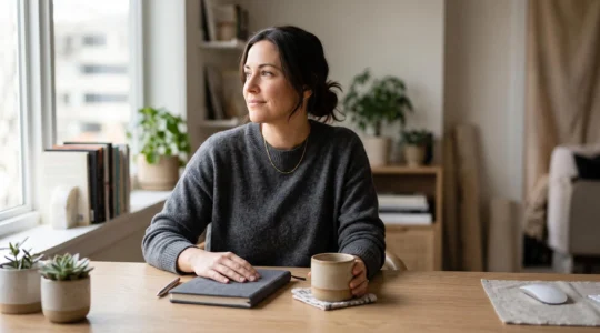 Photographe editoriale d'un createur de contenu concentre travaillant a son bureau, symbolisant la transformation d'une audience de lecteurs en clients