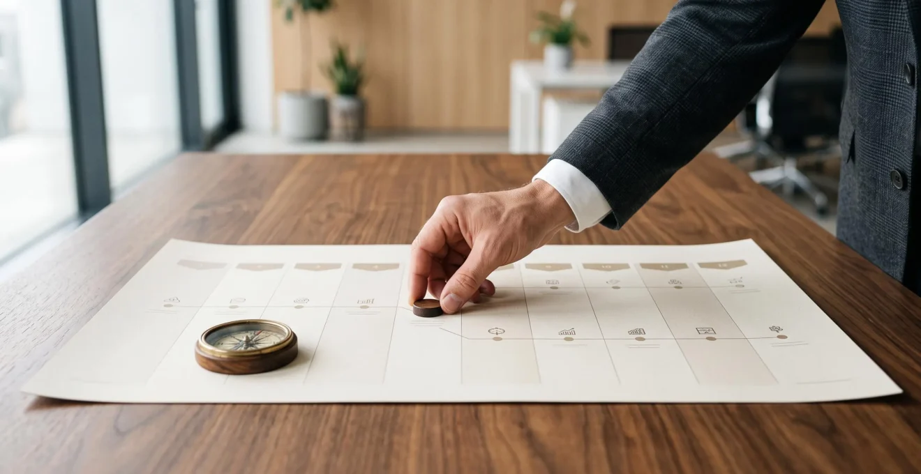 Vue symbolique d'une main plaçant un marqueur sur une feuille de route annuelle epuree, illustrant la construction d'un plan marketing strategique