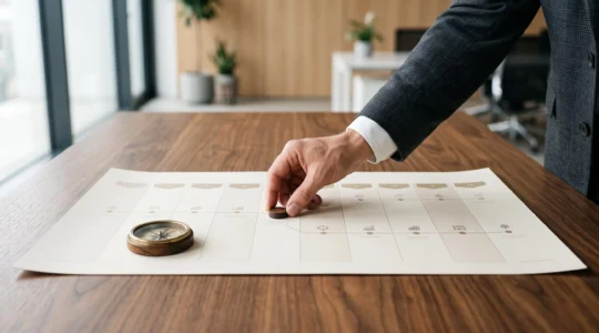 Vue symbolique d'une main plaçant un marqueur sur une feuille de route annuelle epuree, illustrant la construction d'un plan marketing strategique
