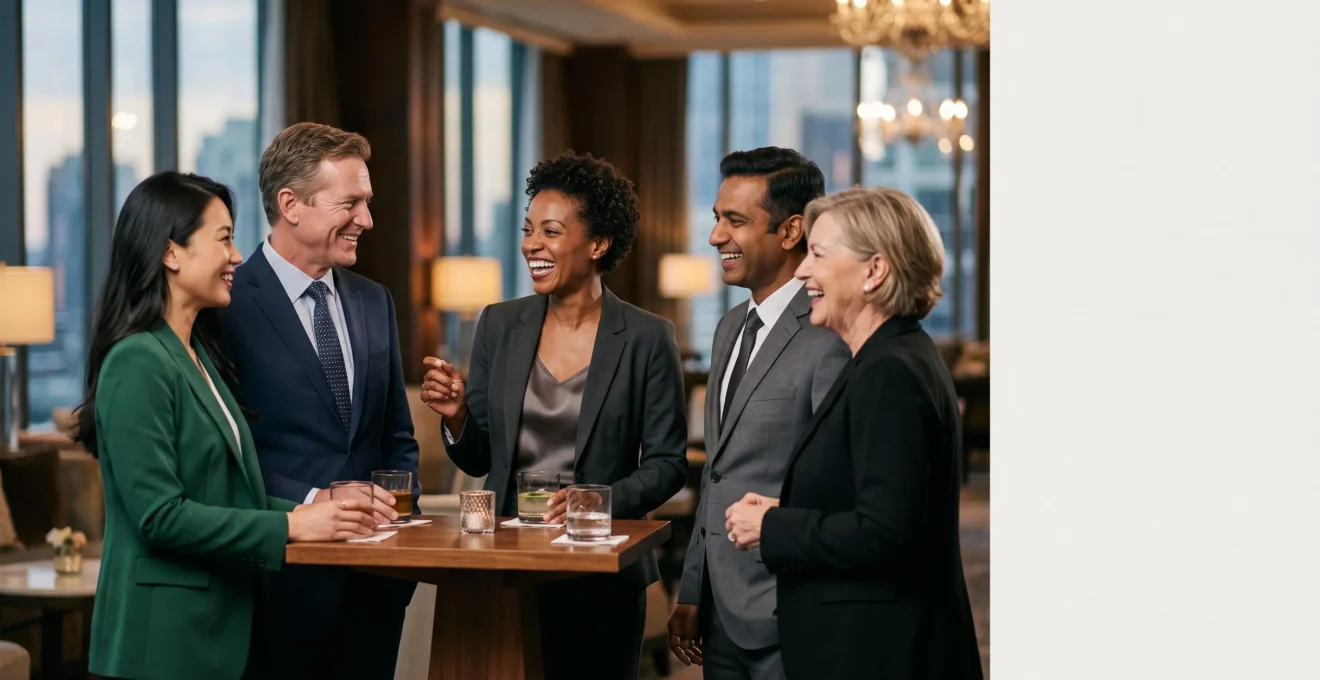 Petit groupe de dirigeants échangeant avec complicité lors d'une soirée privée raffinée, symbolisant la transformation de clients premium en ambassadeurs de marque