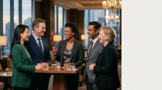 Petit groupe de dirigeants échangeant avec complicité lors d'une soirée privée raffinée, symbolisant la transformation de clients premium en ambassadeurs de marque