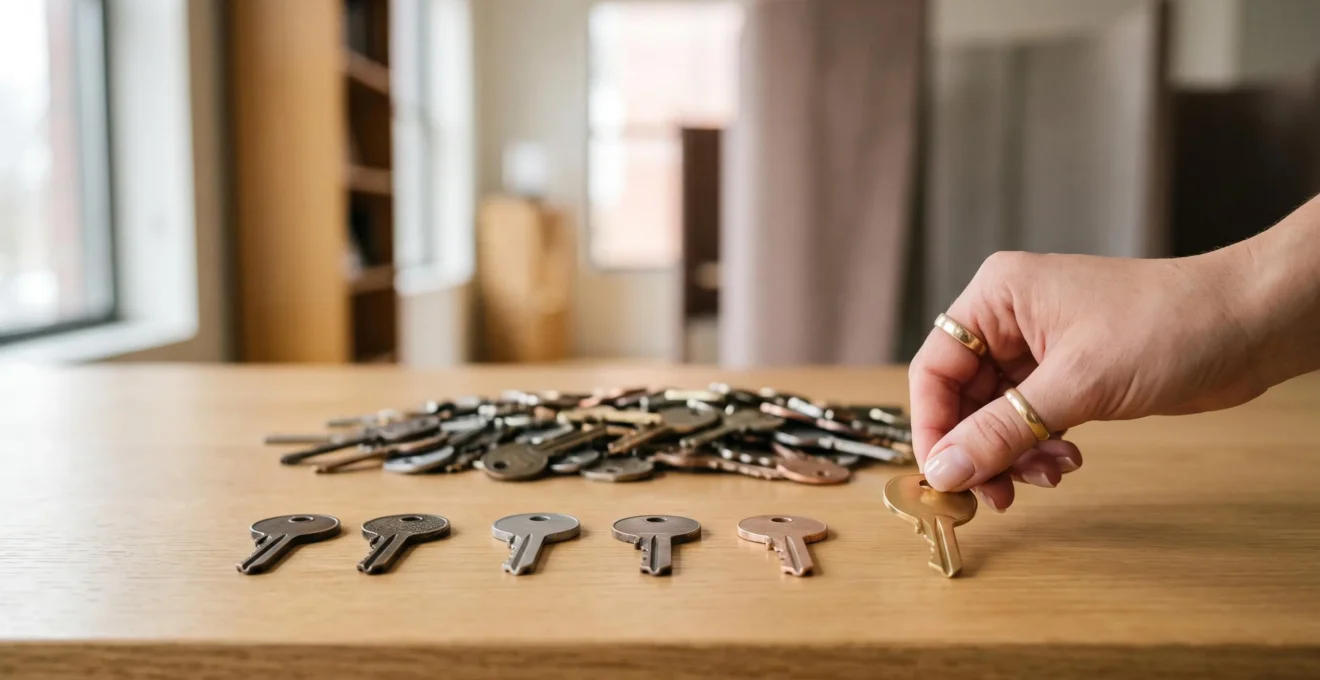 Une main choisissant avec precision un objet cle parmi un ensemble reduit d'objets nets, tandis qu'un amas flou de nombreux objets similaires est visible en arriere-plan, symbolisant la selection rigoureuse des outils essentiels.