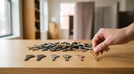 Une main choisissant avec precision un objet cle parmi un ensemble reduit d'objets nets, tandis qu'un amas flou de nombreux objets similaires est visible en arriere-plan, symbolisant la selection rigoureuse des outils essentiels.