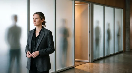 Portrait symbolique évoquant la compréhension profonde des désirs cachés d'un client, entre lumière et reflet