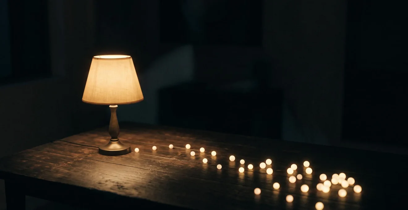 Une lampe de bureau allumée dans une pièce sombre et minimaliste, illuminant une constellation de petites lumières qui s'étendent progressivement sur un bureau en bois, symbolisant la naissance et la croissance d'une audience média.