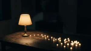 Une lampe de bureau allumée dans une pièce sombre et minimaliste, illuminant une constellation de petites lumières qui s'étendent progressivement sur un bureau en bois, symbolisant la naissance et la croissance d'une audience média.