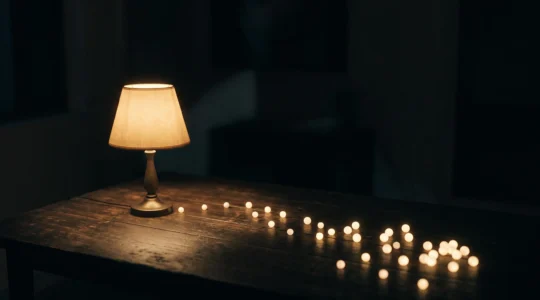 Une lampe de bureau allumée dans une pièce sombre et minimaliste, illuminant une constellation de petites lumières qui s'étendent progressivement sur un bureau en bois, symbolisant la naissance et la croissance d'une audience média.