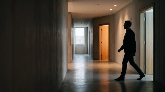 Silhouette d'un dirigeant hésitant devant deux portes lumineuses symbolisant un choix stratégique urgent à 100 000 euros