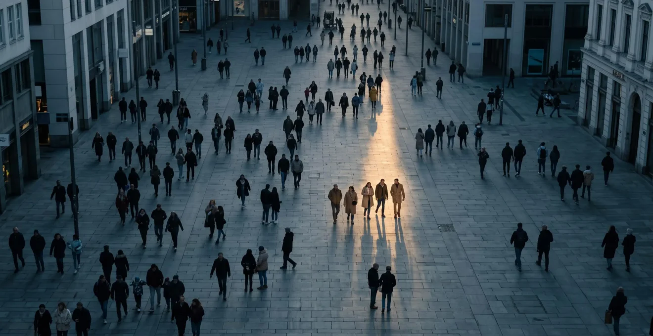 Vue aérienne d'une place publique animée où seule une poignée de silhouettes est éclairée par un rayon de lumière chaude, symbolisant la détection des leads chauds parmi une foule de prospects anonymes
