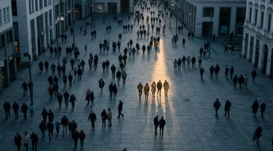 Vue aérienne d'une place publique animée où seule une poignée de silhouettes est éclairée par un rayon de lumière chaude, symbolisant la détection des leads chauds parmi une foule de prospects anonymes