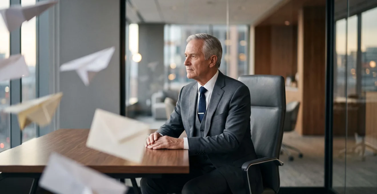 Un dirigeant d'entreprise concentré dans son bureau, entouré de signaux visuels symbolisant le flot ininterrompu de sollicitations commerciales qu'il ignore instinctivement