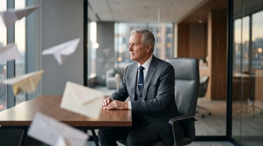 Un dirigeant d'entreprise concentré dans son bureau, entouré de signaux visuels symbolisant le flot ininterrompu de sollicitations commerciales qu'il ignore instinctivement