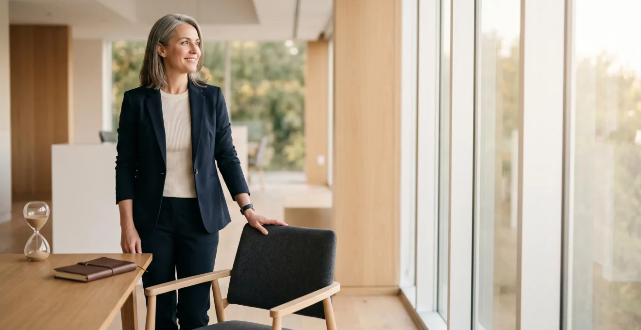 Dirigeant d'entreprise serein debout dans un bureau lumineux, symbolisant la reprise de contrôle sur son temps et son organisation quotidienne