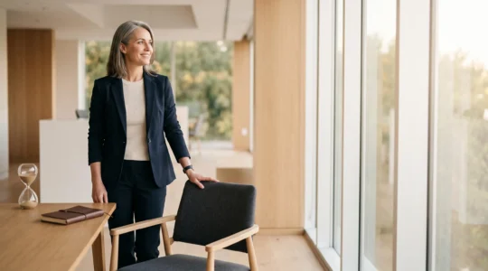 Dirigeant d'entreprise serein debout dans un bureau lumineux, symbolisant la reprise de contrôle sur son temps et son organisation quotidienne