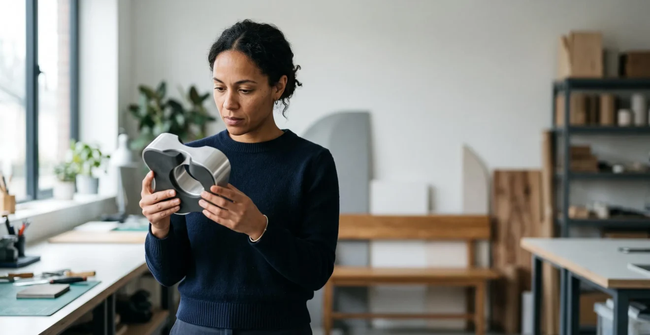 Entrepreneur observant avec émerveillement un objet prototype qui incarne une innovation radicale