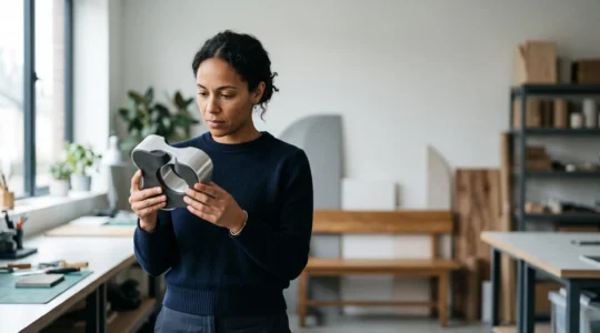 Entrepreneur observant avec émerveillement un objet prototype qui incarne une innovation radicale