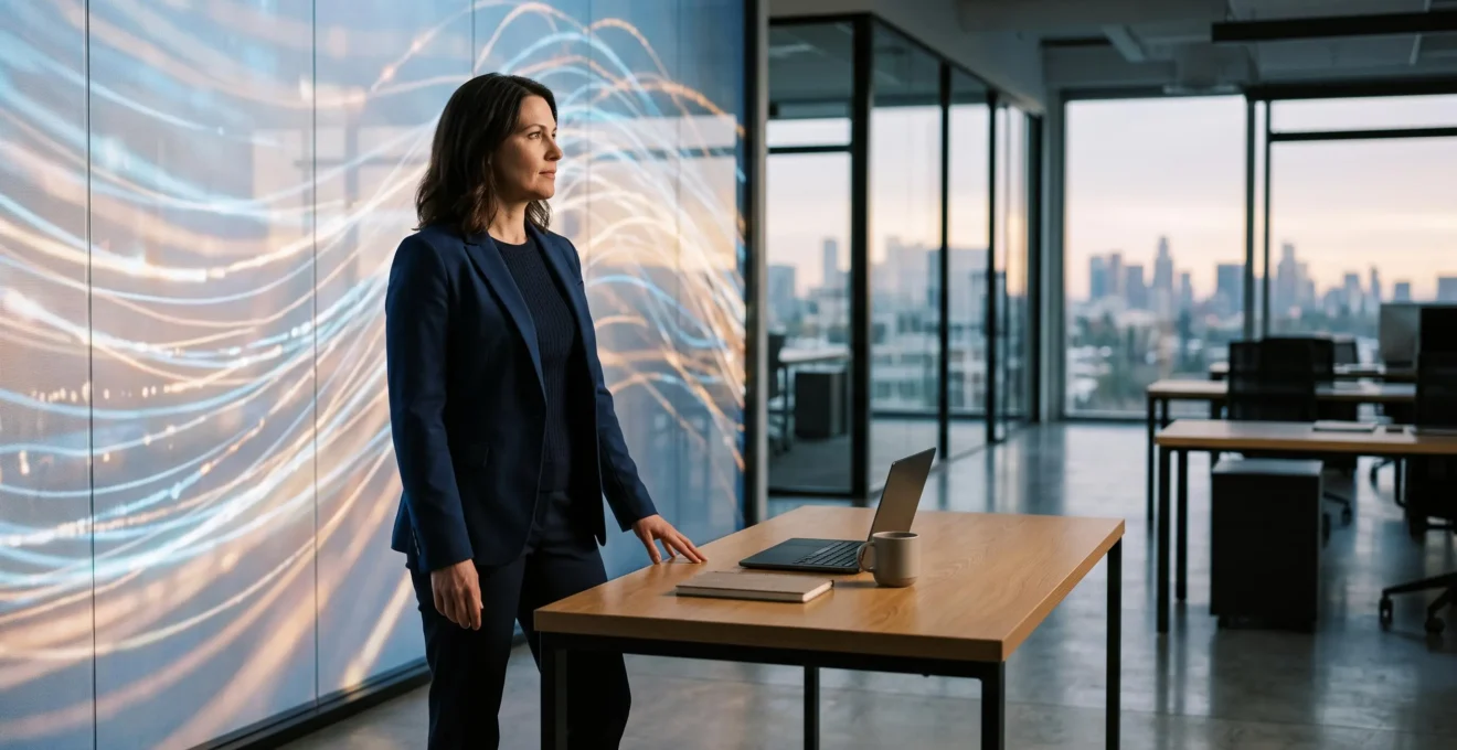 Dirigeant d'entreprise observant un tableau de bord lumineux symbolisant l'avance stratégique prise grâce à l'intelligence artificielle et l'automatisation