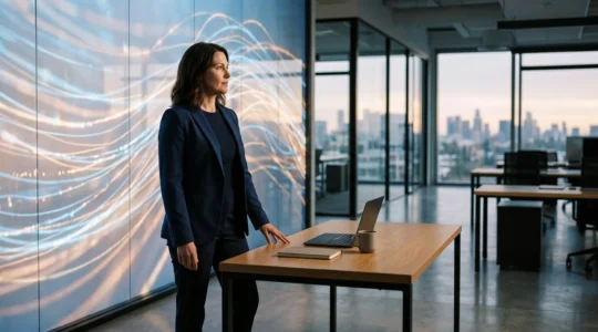 Dirigeant d'entreprise observant un tableau de bord lumineux symbolisant l'avance stratégique prise grâce à l'intelligence artificielle et l'automatisation
