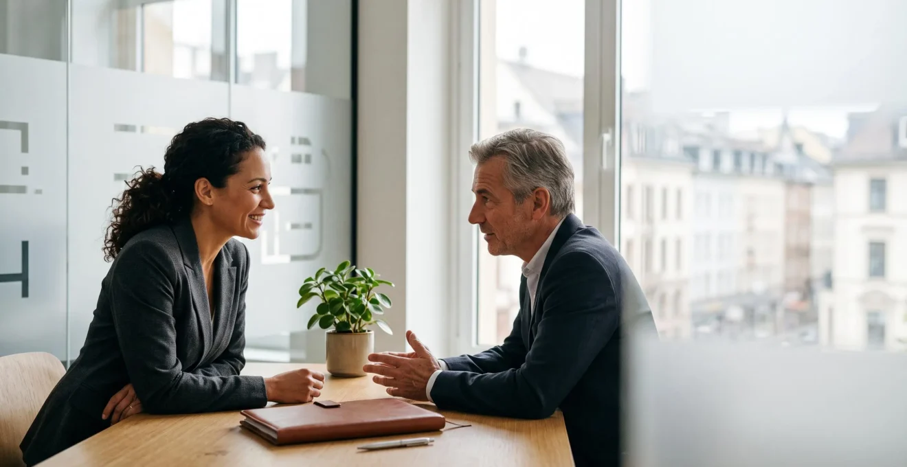 Dirigeant et expert-comptable en pleine discussion stratégique autour d'un bureau épuré, symbolisant un partenariat financier de confiance