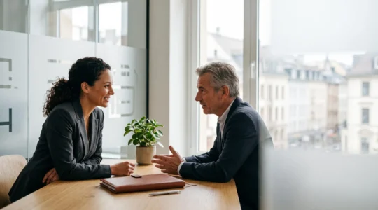 Dirigeant et expert-comptable en pleine discussion stratégique autour d'un bureau épuré, symbolisant un partenariat financier de confiance