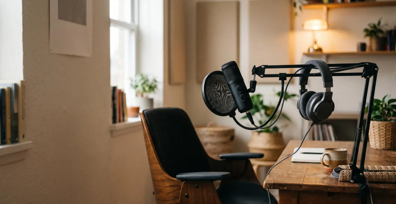 Bureau d'entrepreneur transformé en mini-studio de podcast avec micro sur bras articulé et casque, ambiance chaleureuse et professionnelle
