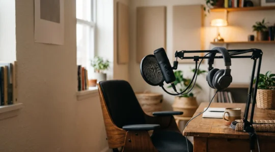 Bureau d'entrepreneur transformé en mini-studio de podcast avec micro sur bras articulé et casque, ambiance chaleureuse et professionnelle