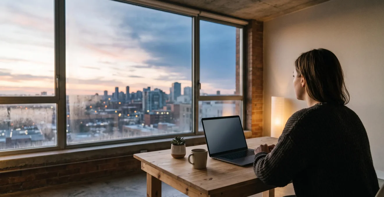 Entrepreneur solo travaillant tôt le matin sur son projet de business en ligne dans un espace de travail épuré et lumineux
