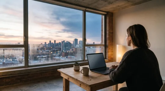 Entrepreneur solo travaillant tôt le matin sur son projet de business en ligne dans un espace de travail épuré et lumineux