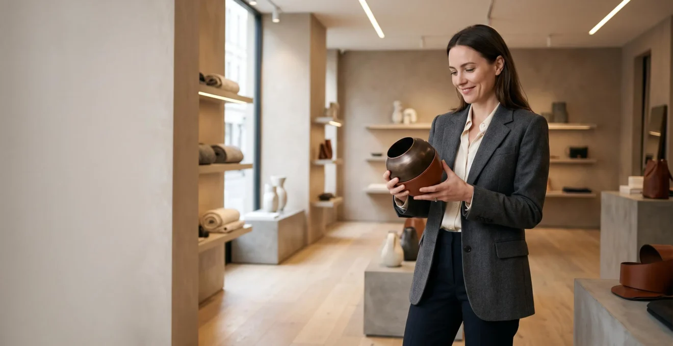 Client examinant avec confiance un objet artisanal haut de gamme dans une boutique épurée, symbole d'une marque désirable