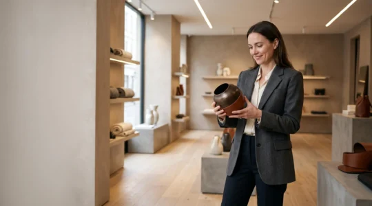 Client examinant avec confiance un objet artisanal haut de gamme dans une boutique épurée, symbole d'une marque désirable