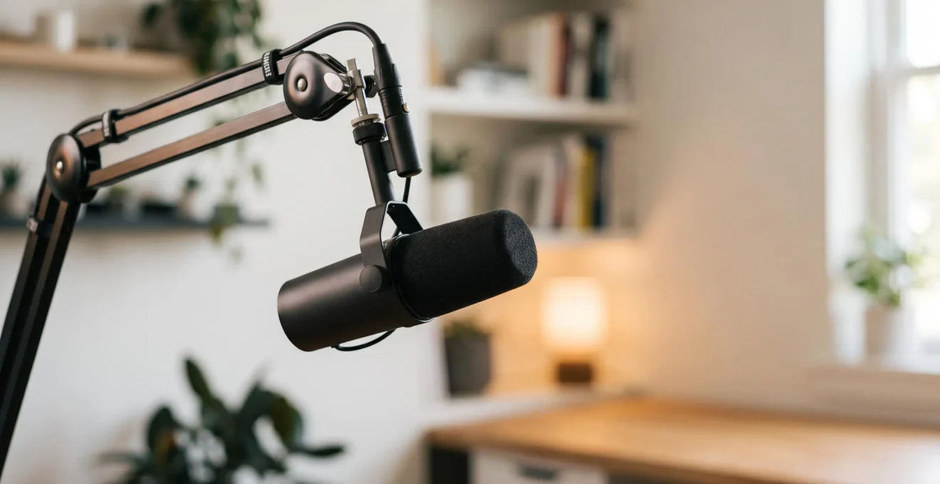 Microphone professionnel de podcast posé dans un bureau épuré, symbolisant l'autorité et l'expertise sectorielle