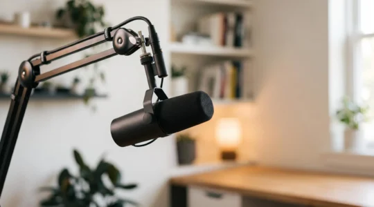 Microphone professionnel de podcast posé dans un bureau épuré, symbolisant l'autorité et l'expertise sectorielle