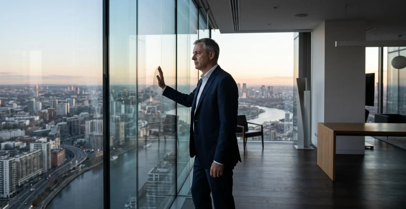 Dirigeant d'entreprise observant à travers une fenêtre de bureau, symbolisant l'écart entre croissance du chiffre d'affaires et tension de trésorerie