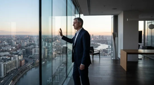 Dirigeant d'entreprise observant à travers une fenêtre de bureau, symbolisant l'écart entre croissance du chiffre d'affaires et tension de trésorerie