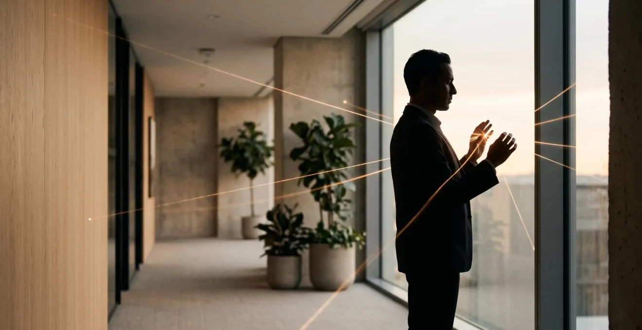 Silhouette d'un dirigeant orchestrant plusieurs fils lumineux representant des priorites strategiques dans un bureau minimaliste