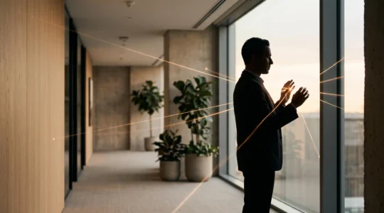 Silhouette d'un dirigeant orchestrant plusieurs fils lumineux representant des priorites strategiques dans un bureau minimaliste