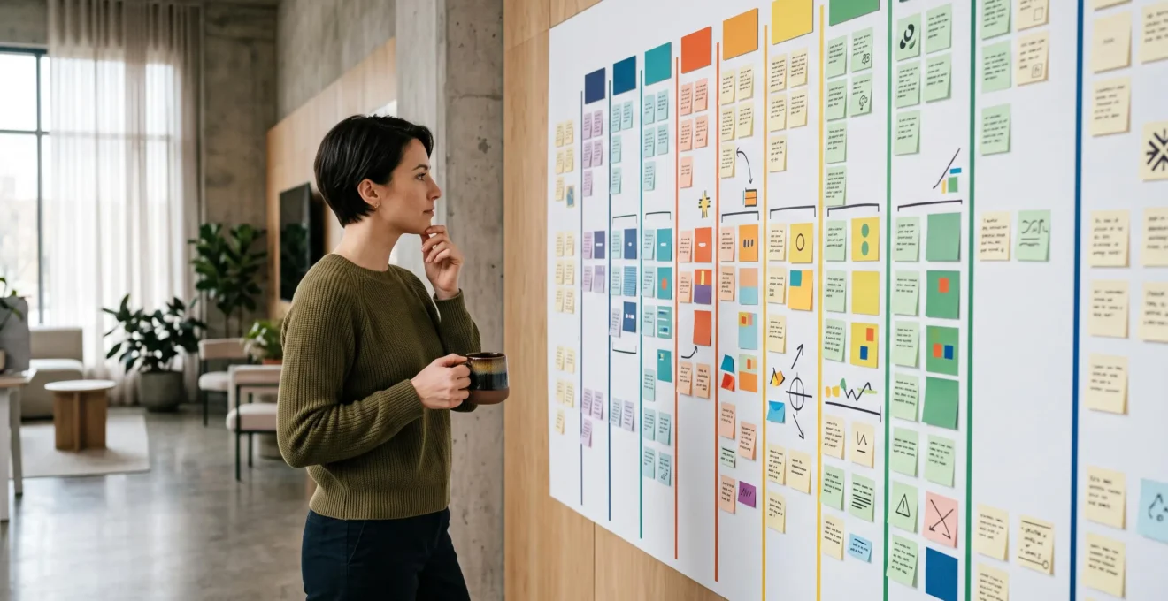 Bureau de stratège de contenu avec un planning mural annuel vierge organisé en piliers colorés, symbolisant la planification de 200 sujets d'articles sur 12 mois