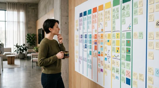 Bureau de stratège de contenu avec un planning mural annuel vierge organisé en piliers colorés, symbolisant la planification de 200 sujets d'articles sur 12 mois