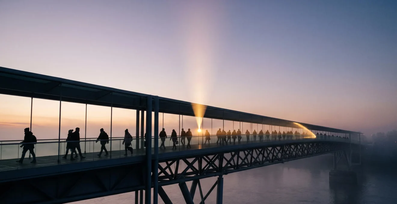 Photographie symbolique d'une passerelle moderne supportant un flux dense de personnes, illustrant une plateforme web qui convertit et supporte la montée en charge