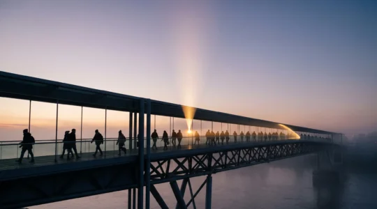 Photographie symbolique d'une passerelle moderne supportant un flux dense de personnes, illustrant une plateforme web qui convertit et supporte la montée en charge