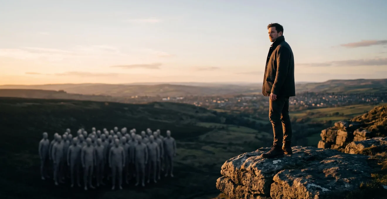 Une silhouette professionnelle isolee et distincte se detachant d'un groupe uniforme, symbolisant un positionnement unique sur le marche