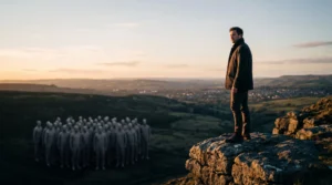 Une silhouette professionnelle isolee et distincte se detachant d'un groupe uniforme, symbolisant un positionnement unique sur le marche