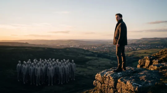 Une silhouette professionnelle isolee et distincte se detachant d'un groupe uniforme, symbolisant un positionnement unique sur le marche