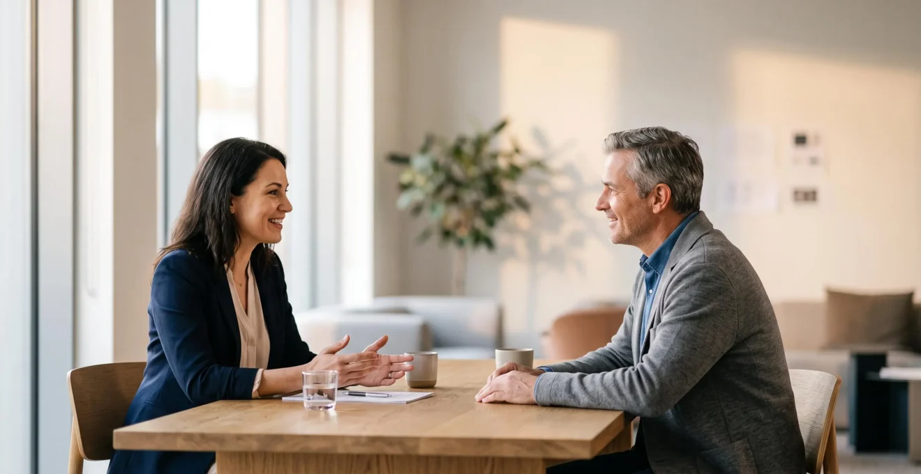 Deux professionnels échangent dans un bureau lumineux, incarnant la confiance et la persuasion psychologique en négociation B2B